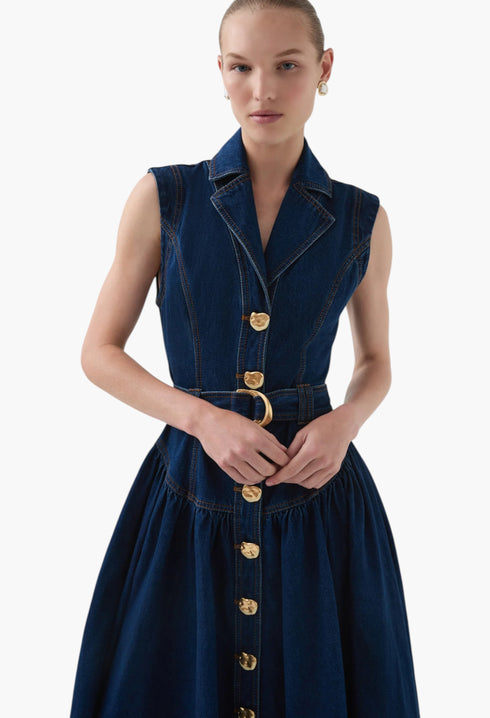 Dark Classic Wash - Elena Belted Denim Midi Dress - GLAM MODA