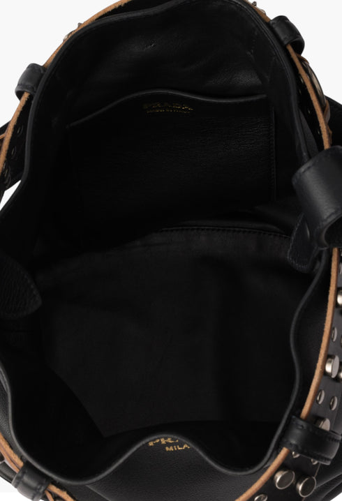 Black - Prada Buckle Leather Bucket Bag With Studded Belt - GLAM MODA