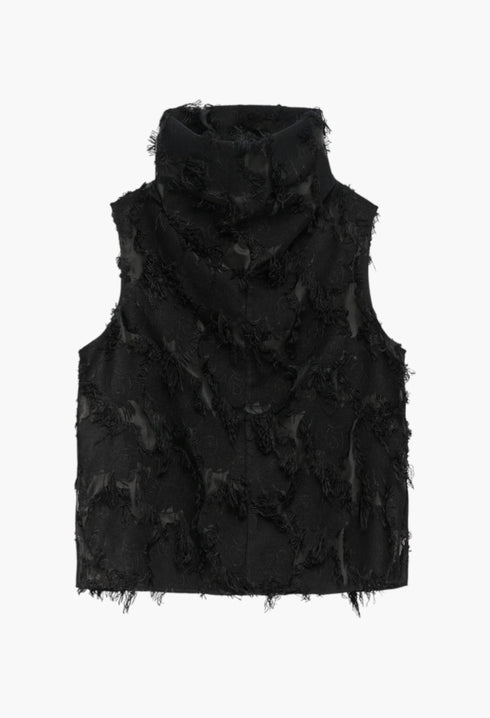 Black - Semi-Sheer Top With Fringe Details Woman - GLAM MODA