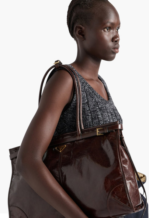 Dark Brown - Prada Bonnie Extra Large Leather Handbag - GLAM MODA