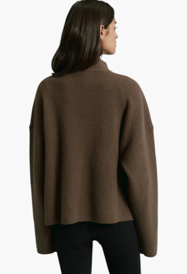 Ribbed Zip Through Knit Sweatshirt - Dark Cocoa Brown