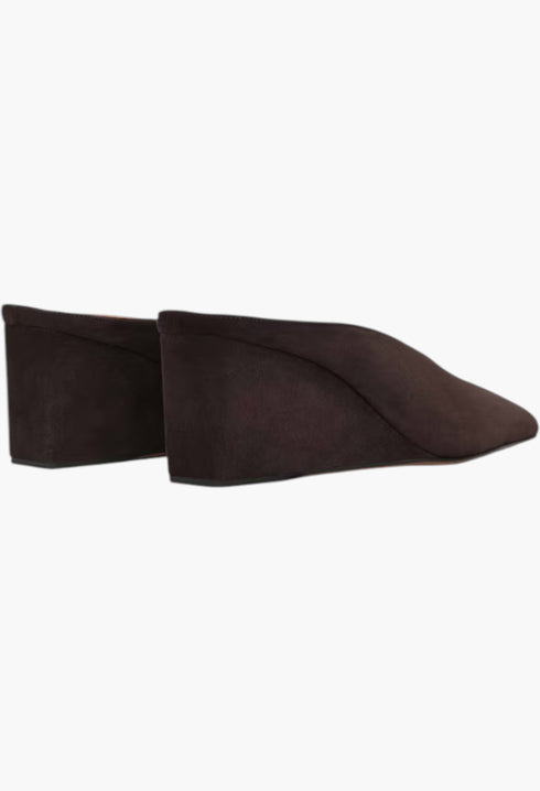 Dark Brown -  Cube Wedge Mules In Suede Goatskin - GLAM MODA