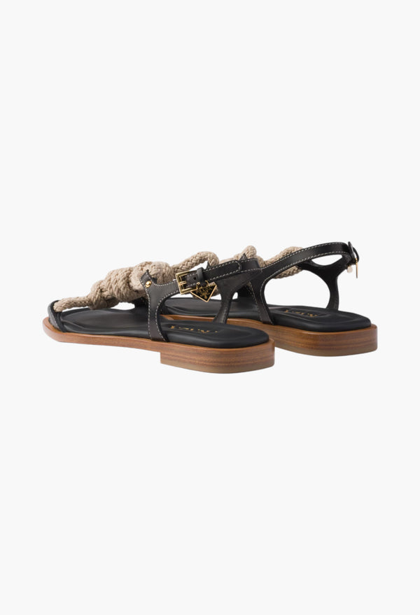 Black - Flat Leather And Cord Sandals
