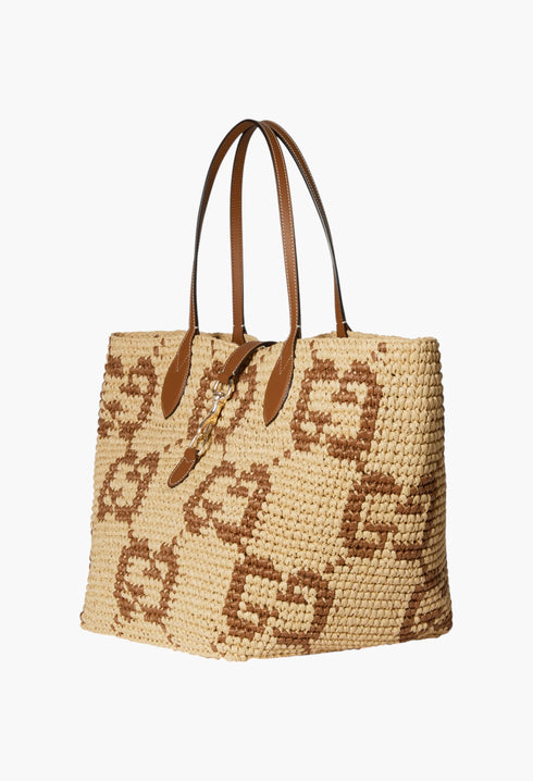 Natural And Brown GG Raffia-Effect Fabric - Woven Medium Tote Bag - GLAM MODA