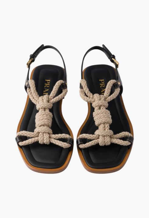 Black - Flat Leather And Cord Sandals - GLAM MODA