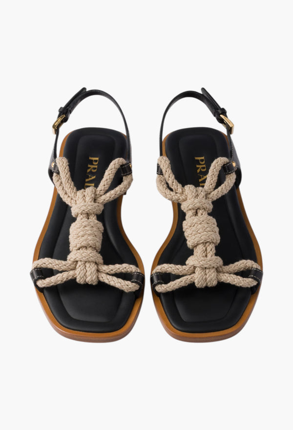 Black - Flat Leather And Cord Sandals