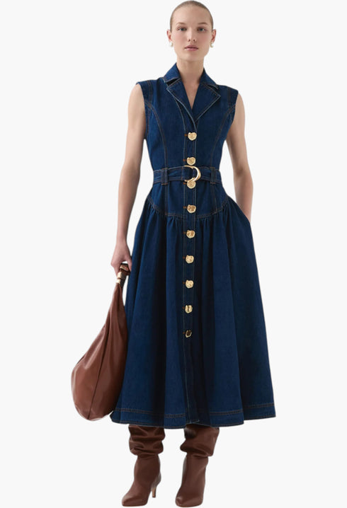 Dark Classic Wash - Elena Belted Denim Midi Dress - GLAM MODA