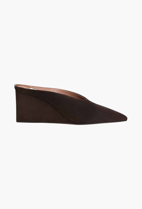 Dark Brown -  Cube Wedge Mules In Suede Goatskin - GLAM MODA