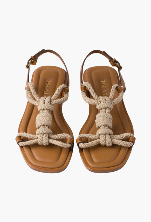 Light Tan - Flat Leather And Cord Sandals - GLAM MODA