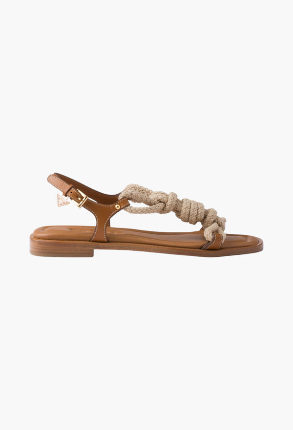 Light Tan - Flat Leather And Cord Sandals