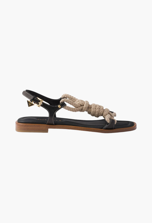 Black - Flat Leather And Cord Sandals - GLAM MODA