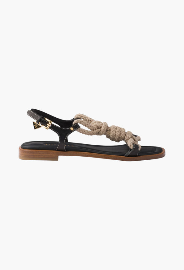 Black - Flat Leather And Cord Sandals