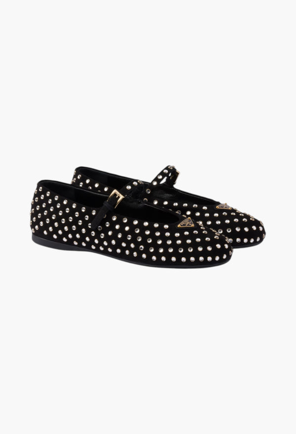 Black - Suede Ballerinas With Crystals