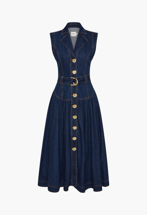 Dark Classic Wash - Elena Belted Denim Midi Dress - GLAM MODA