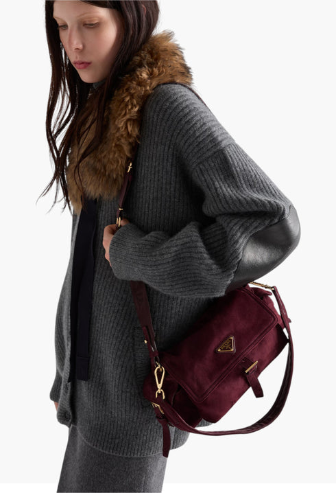 Burgundy - Prada Explore Medium Suede Shoulder Bag With Flap - GLAM MODA