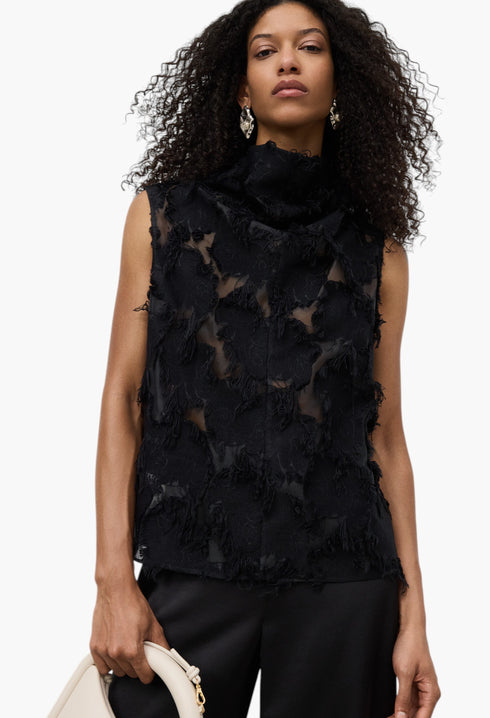 Black - Semi-Sheer Top With Fringe Details Woman - GLAM MODA