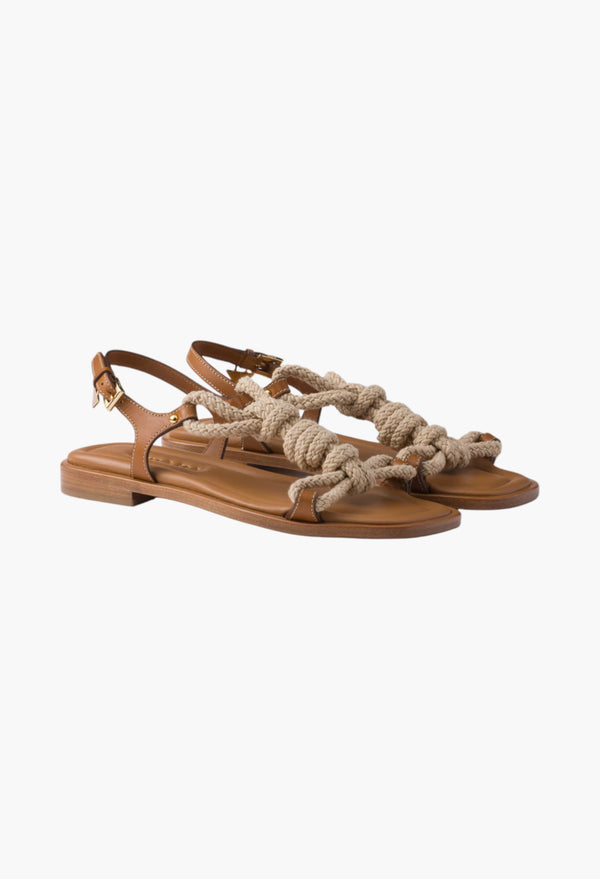 Light Tan - Flat Leather And Cord Sandals