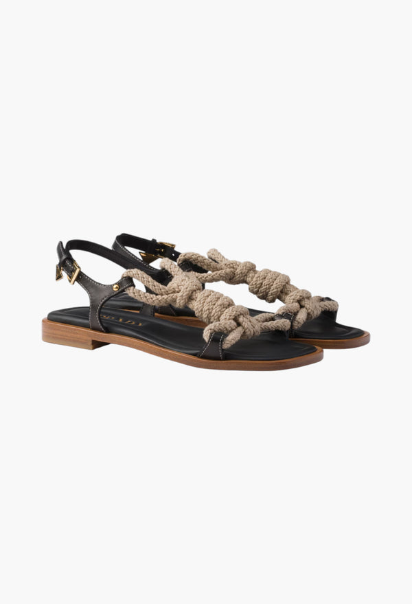 Black - Flat Leather And Cord Sandals