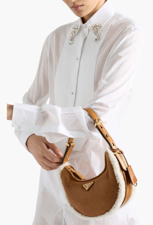 Cognac/Natural - Prada Arqué Small Shearling Shoulder Bag - GLAM MODA