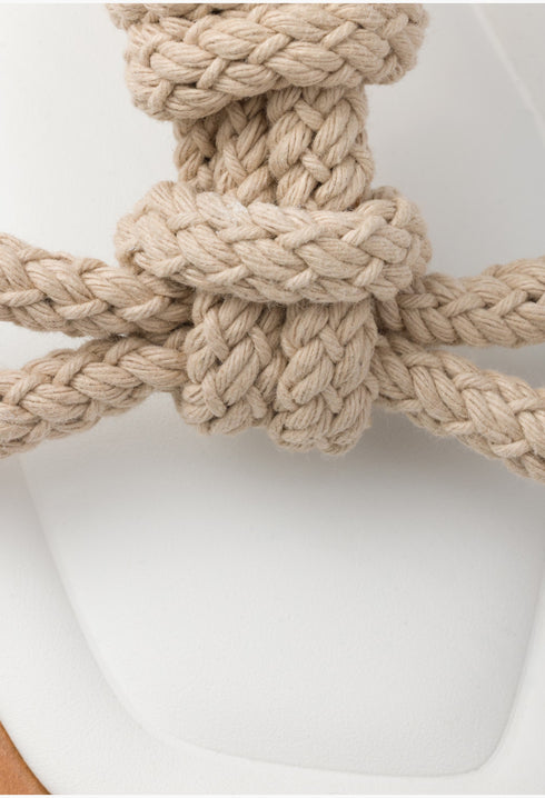 White - Flat Leather And Cord Sandals - GLAM MODA