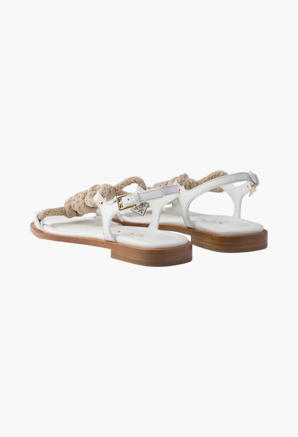 White - Flat Leather And Cord Sandals