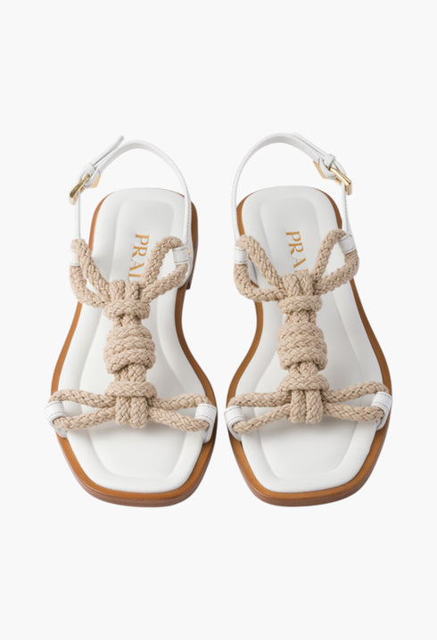 White - Flat Leather And Cord Sandals - GLAM MODA