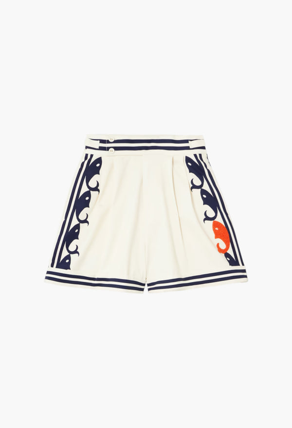 Marine Pleated Striped Embroidered Organic Cotton Shorts