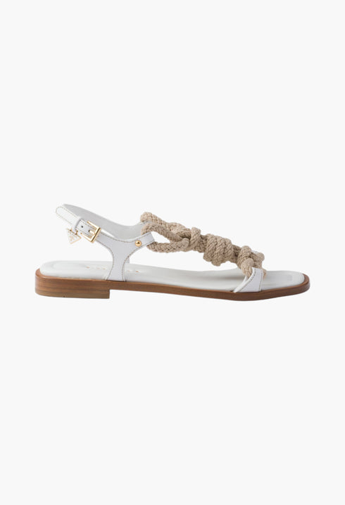 White - Flat Leather And Cord Sandals - GLAM MODA