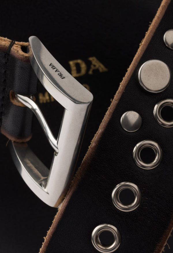 Black - Prada Buckle Leather Bucket Bag With Studded Belt