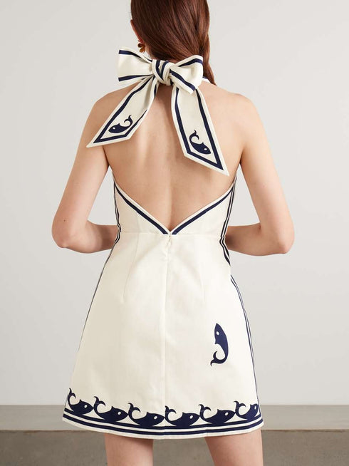 Marine Embroidered Printed Organic Cotton Halterneck Mini Dress - GLAM MODA