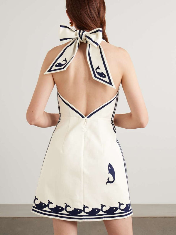 Marine Embroidered Printed Organic Cotton Halterneck Mini Dress