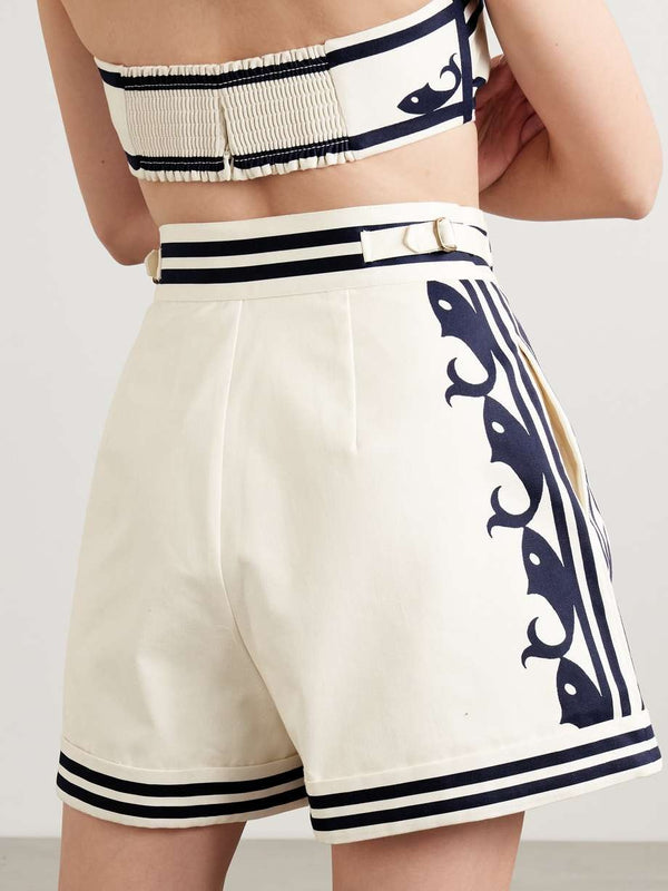 Marine Pleated Striped Embroidered Organic Cotton Shorts