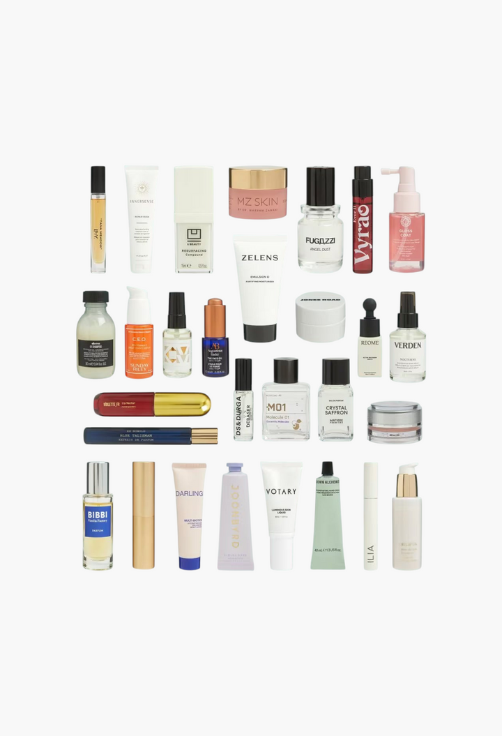 GLAM MODA Beauty Advent Calendar 2026 featuring 29 luxury skincare, fragrance, and makeup products in a flat lay.