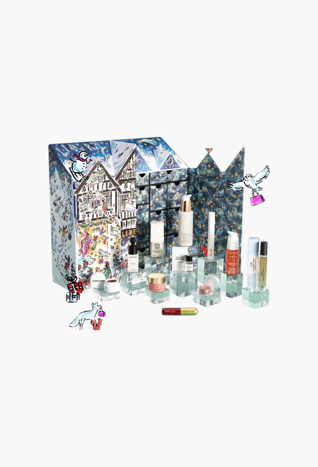 GLAM MODA Beauty Advent Calendar 2026 featuring 29 luxury skincare and makeup products with a festive illustrated box