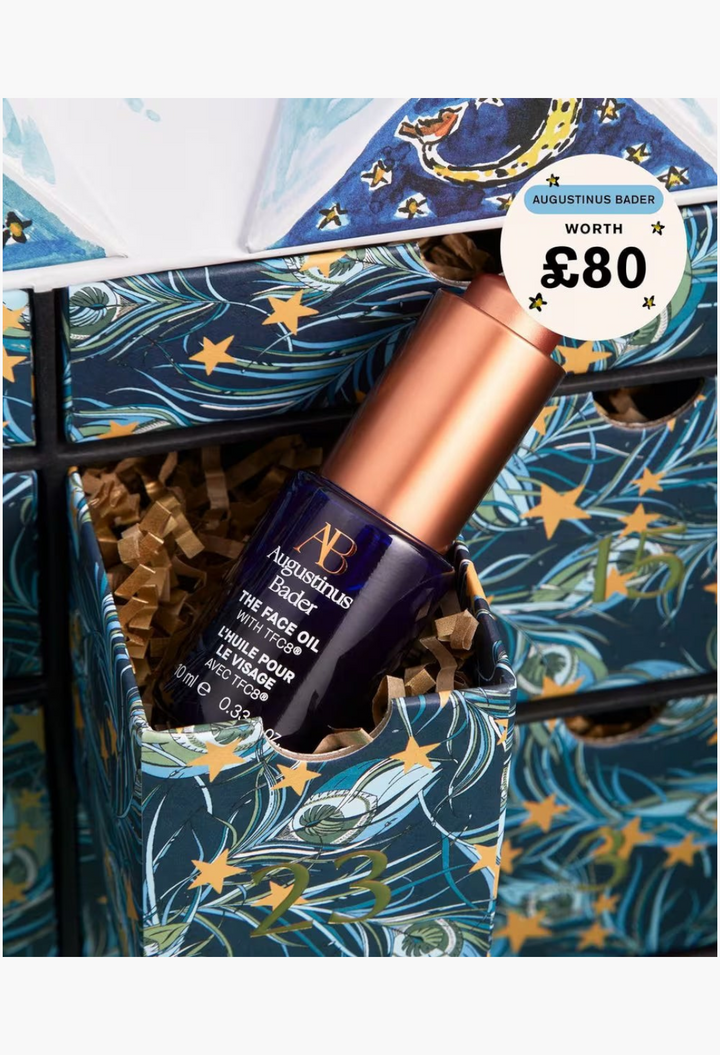 GLAM MODA Beauty Advent Calendar 2026 featuring an Augustinus Bader face oil bottle inside a patterned drawer