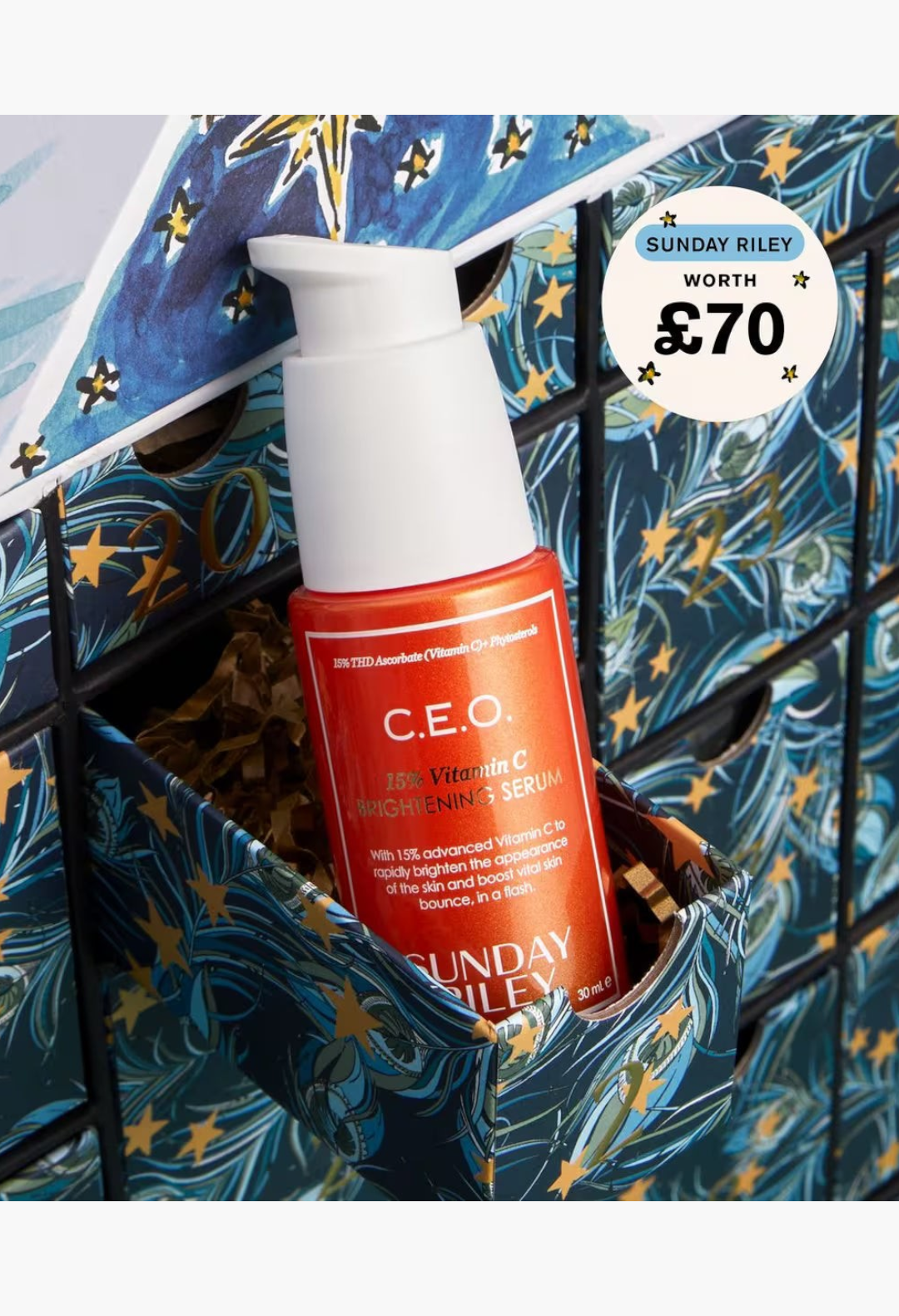 GLAM MODA Beauty Advent Calendar 2026 featuring a Sunday Riley C.E.O. 15% Vitamin C Brightening Serum bottle