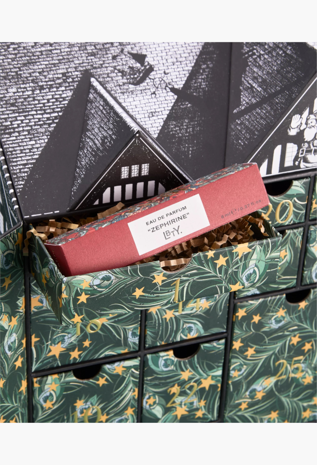 GLAM MODA Liberty LBTY Zephirine Eau de Parfum in a decorative green and gold patterned advent calendar drawer