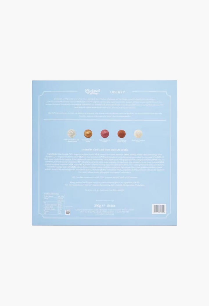 GLAM MODA Liberty Print Truffle Selection Advent Calendar back view showing ingredients and product information