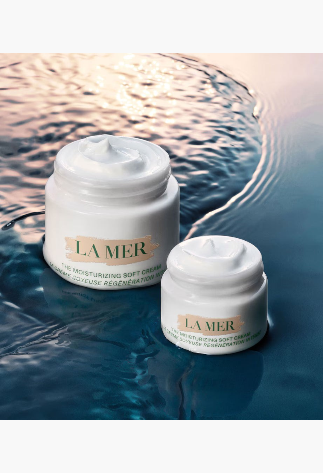 GLAM MODA La Mer The Moisturizing Soft Cream jars with white anti-ageing face cream in two different sizes