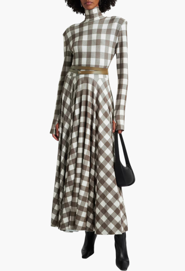 Checked Turtleneck Jersey Midi Dress