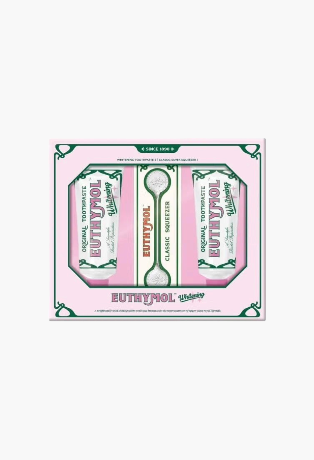 GLAM MODA Euthymol whitening toothpaste gift set with two tubes and a classic silver metal toothpaste squeezer.