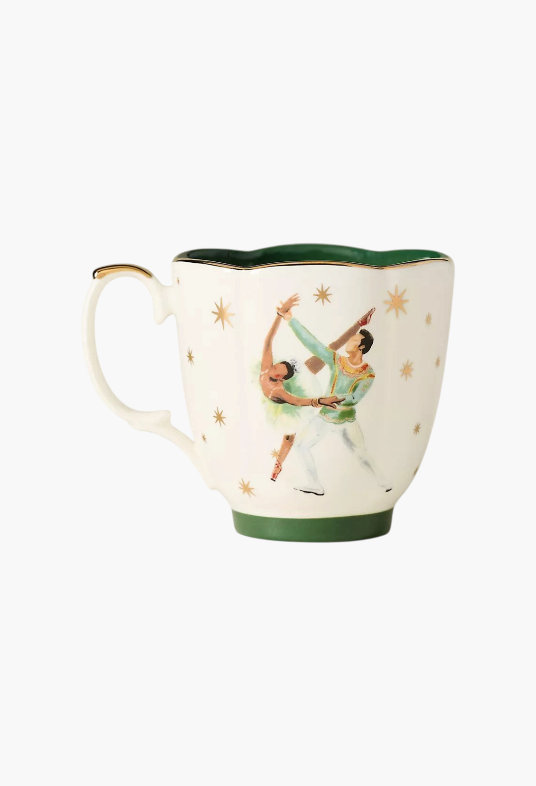 GLAM MODA stoneware mug featuring a Nutcracker ballet dancer illustration with gold star accents and green trim.