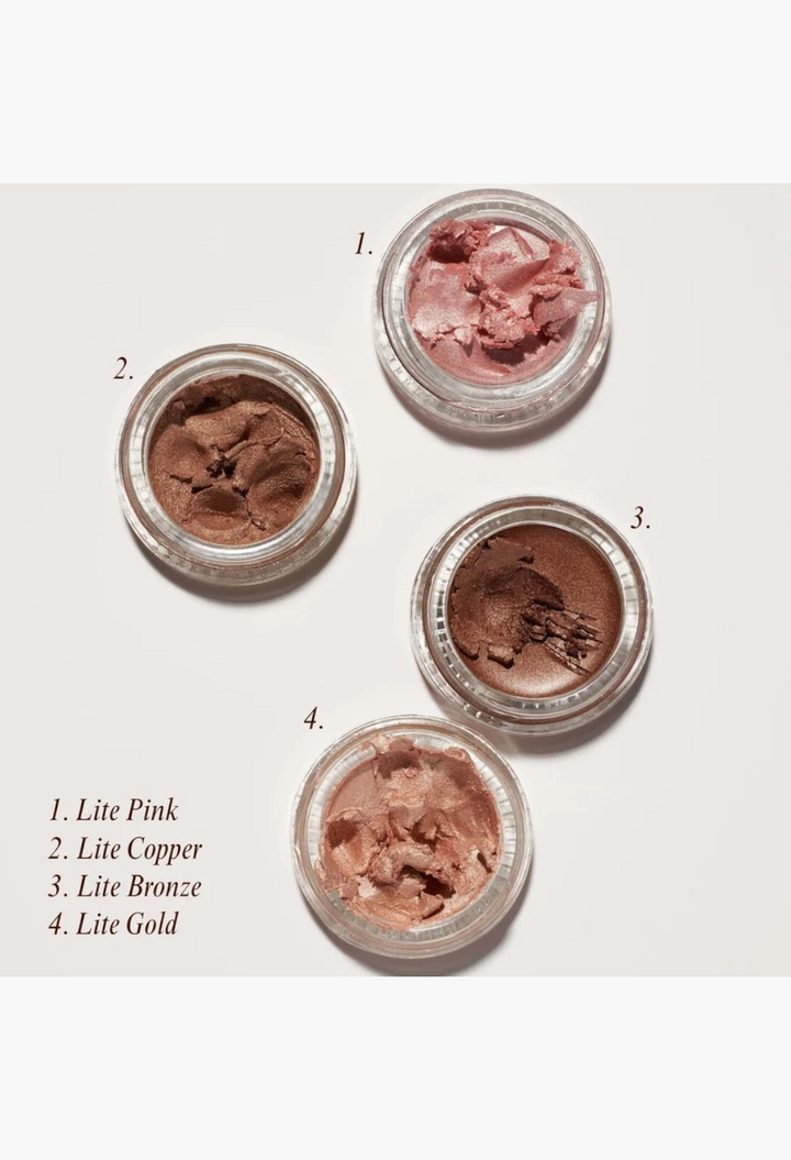 GLAM MODA Hyper Shine Lite Pigment set featuring four creamy, radiant shades in pink, copper, bronze, and gold.
