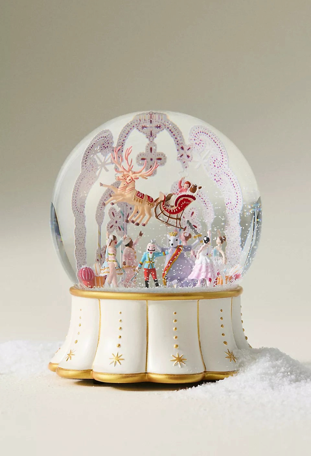 GLAM MODA New York City Ballet musical snow globe featuring a Nutcracker scene with a reindeer and sleigh in glass.