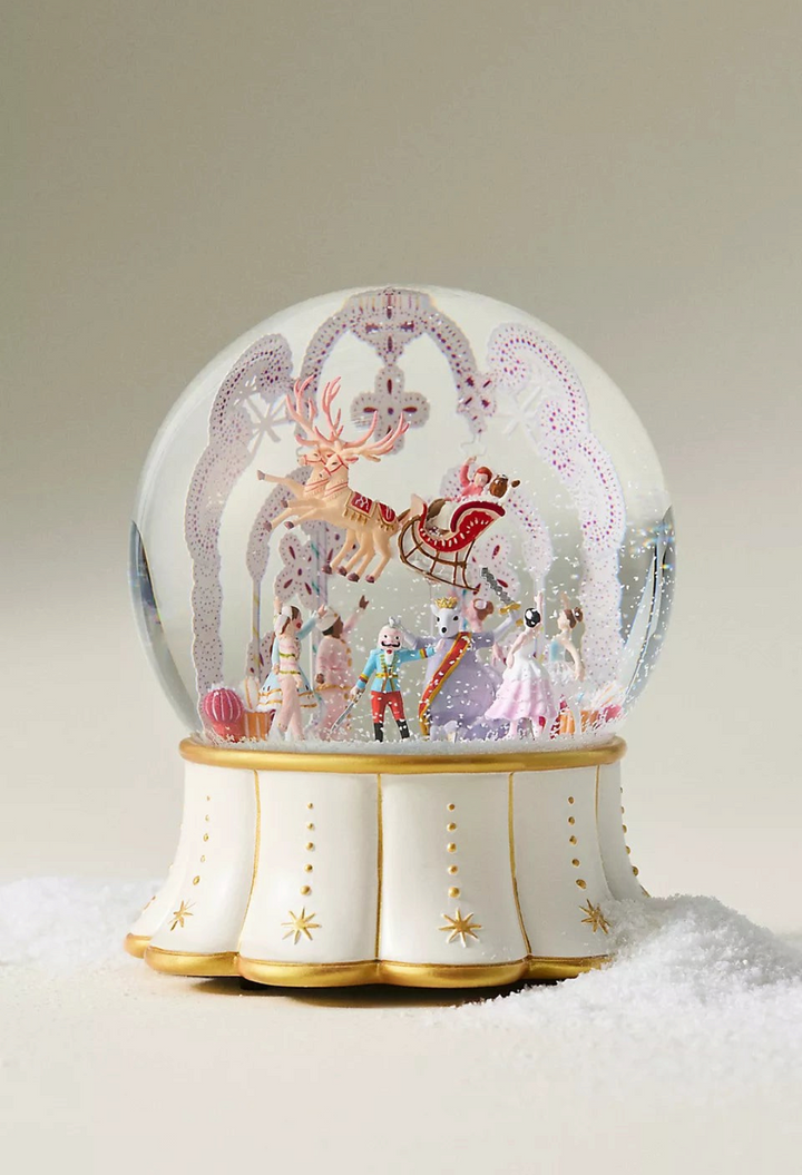 GLAM MODA New York City Ballet musical snow globe featuring a Nutcracker scene with a reindeer and sleigh in glass.