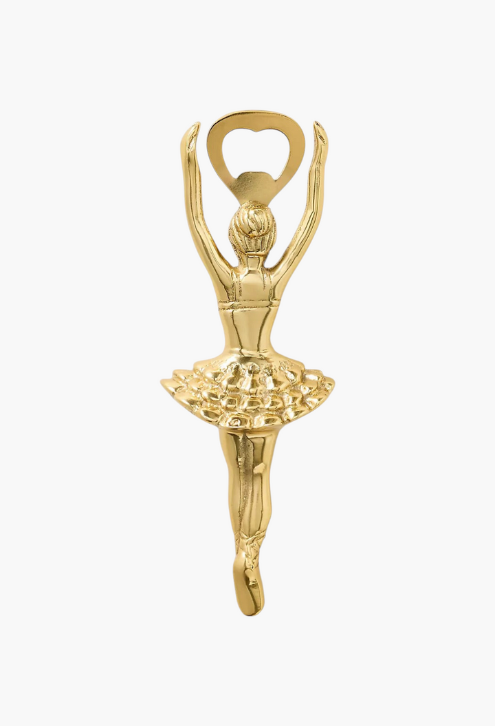 GLAM MODA gold-tone stainless steel Sugar Plum Fairy bottle opener featuring a sculptural ballerina design.