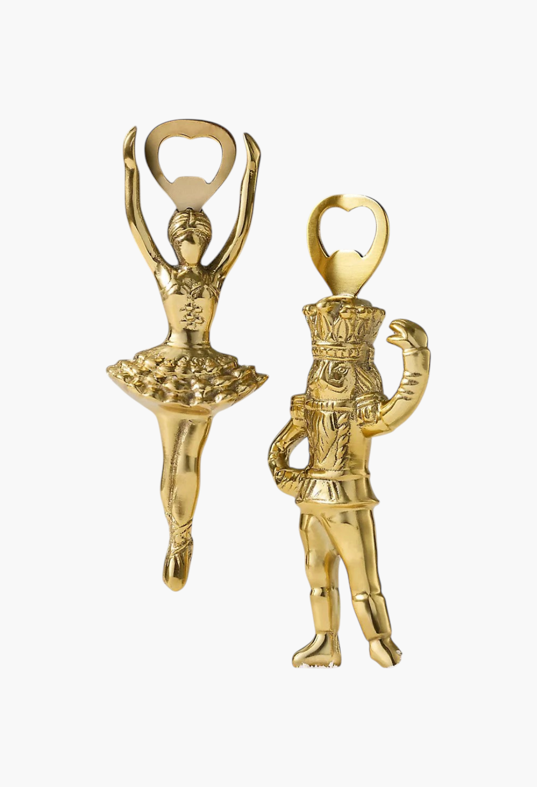 GLAM MODA gold-toned stainless steel Sugar Plum Fairy and Nutcracker bottle openers with ornate sculptural details.