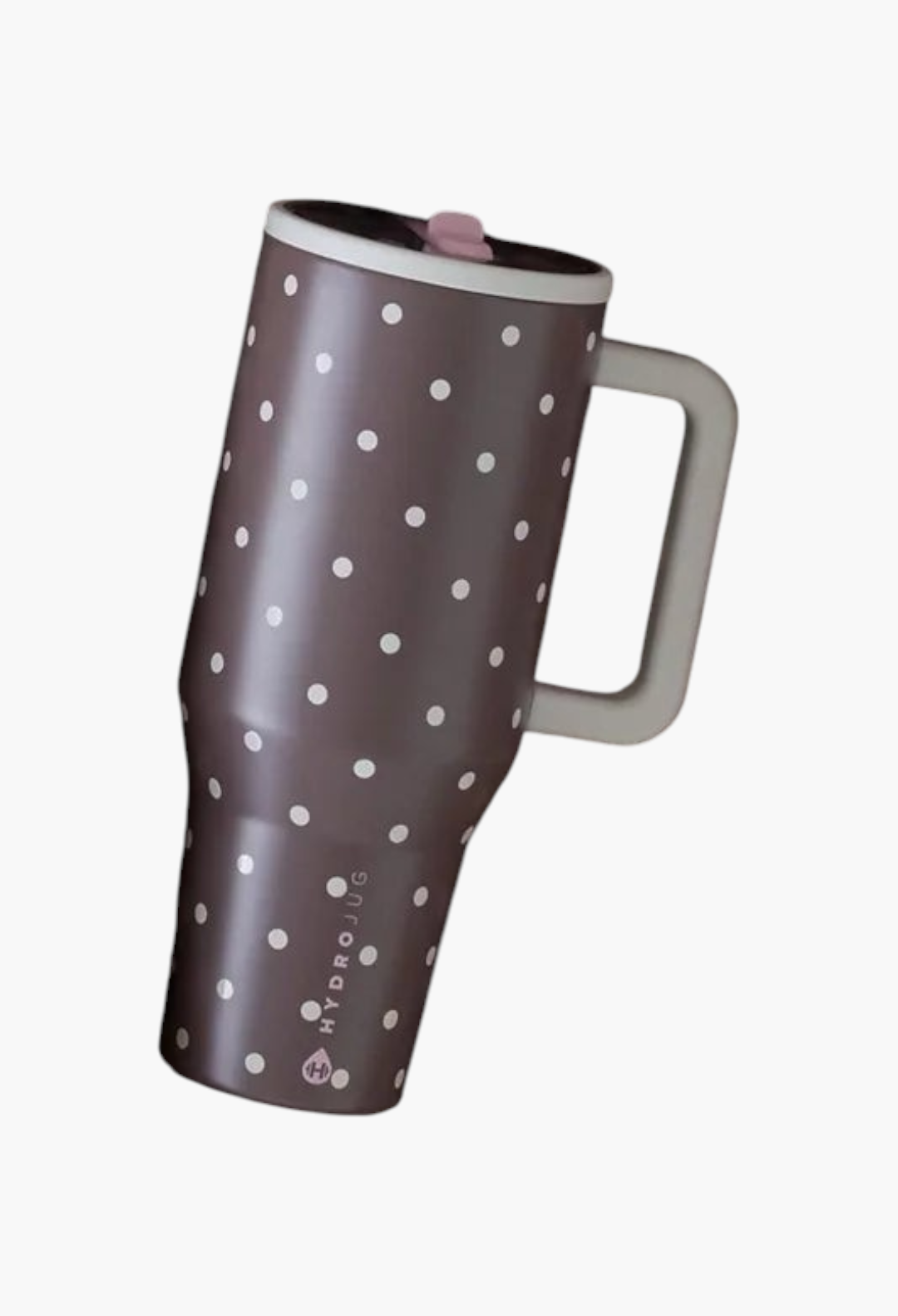 GLAM MODA HydroJug Traveler tumbler in a brown polka dot pattern with a handle, resting on matching fabric.