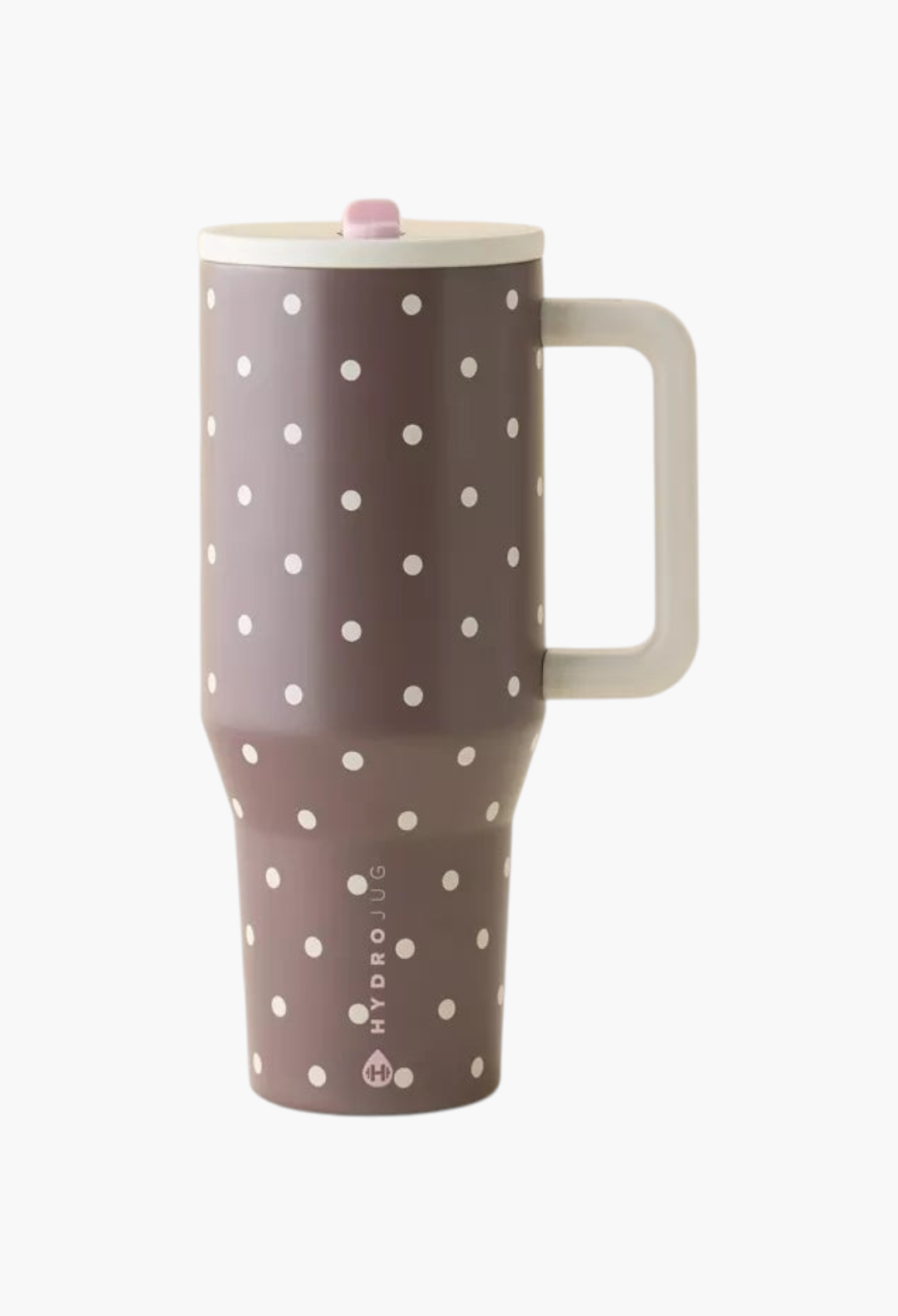 GLAM MODA brown stainless steel Traveler 40oz tumbler with white polka dots, handle, and leak-proof lid.