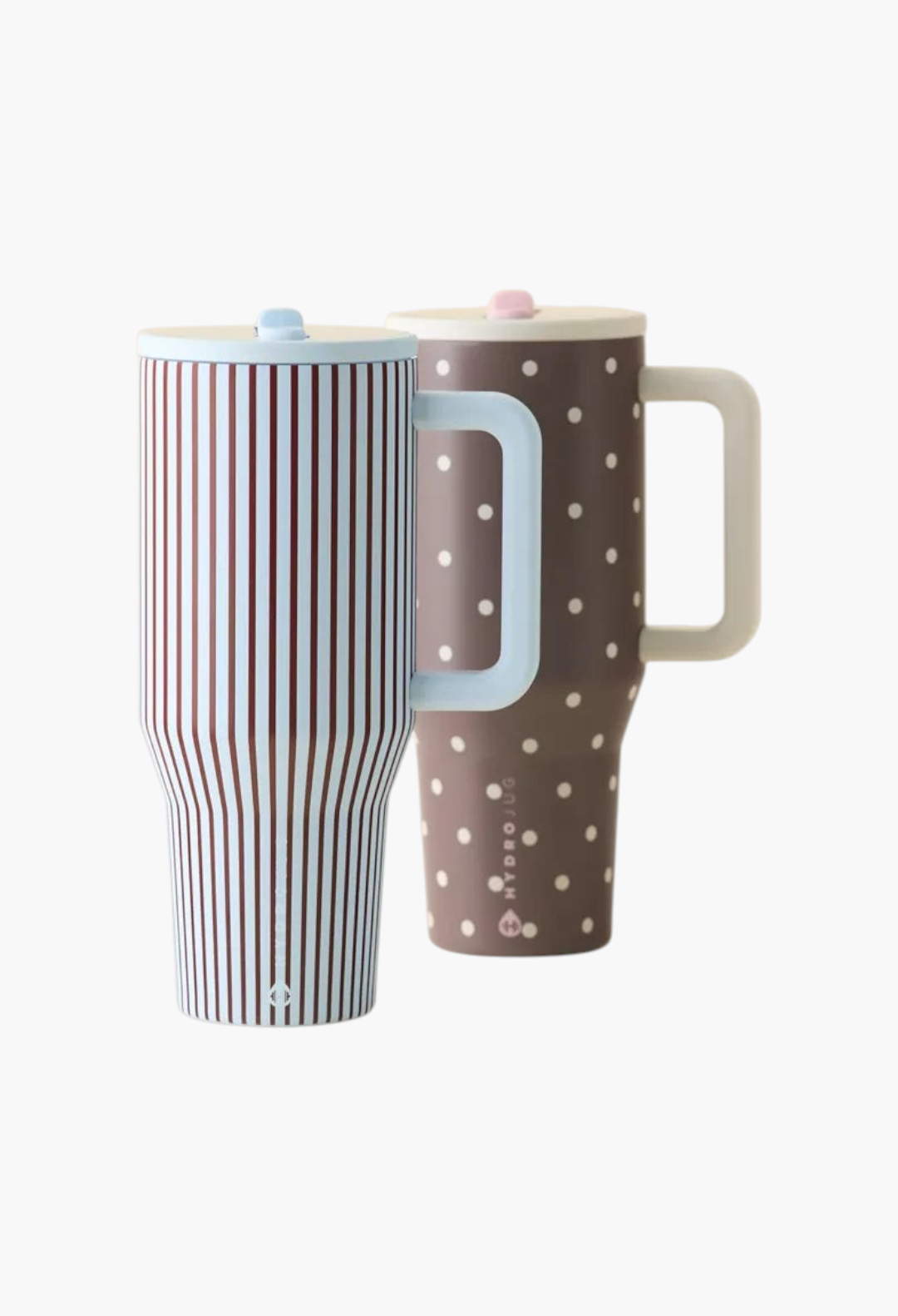 GLAM MODA Traveler 40oz stainless steel tumblers featuring blue striped and brown polka dot patterns with handles.